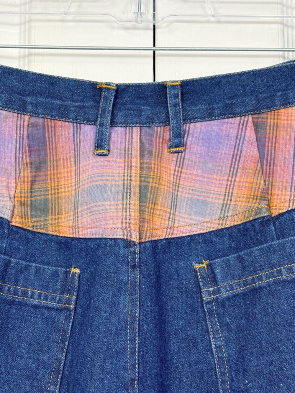 Vintage Sudden Impact Blue Denim Plaid Print Patchwork Jean Skirt 20 - Picture 12 of 16